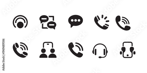 Set of ten black and white vector icons representing communication and contact methods