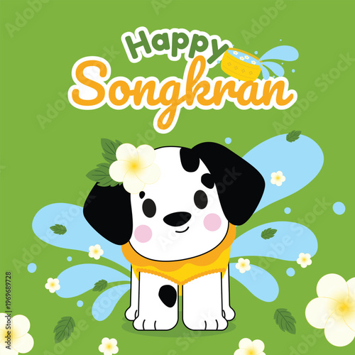 Happy Songkran Water Festival with Cute Cartoon Dog