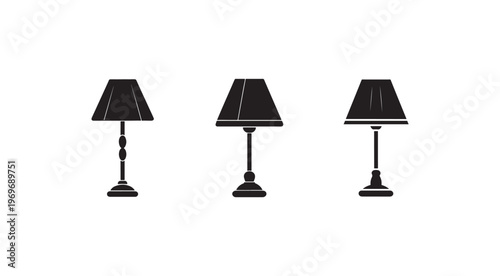 Three black table lamps with different bases and conical shades  simple silhouettes for design