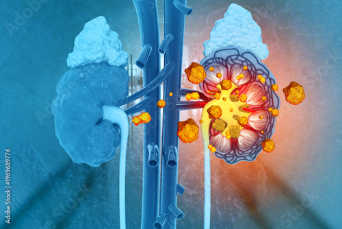 Kidney stone disease. Renal colic. Human Urinary System. 3d illustration