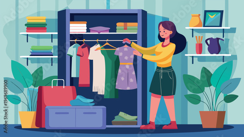 Woman choosing clothes from a closet while organizing her wardrobe in a modern room with plants and shelves