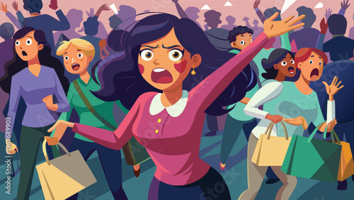 Crowd of people in a mall during a busy shopping event with one woman shouting and holding shopping bags