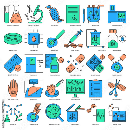 Medical and biotech line icon set