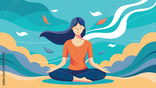 Woman practices meditation in a colorful landscape with flowing elements and leaves on a bright day