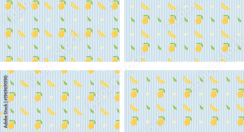 Lemon pattern with lemon, slices, leaves and lemon flower drawn. Modern lemon texture on striped background with different variations