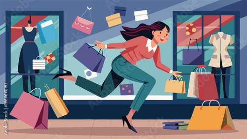 Shopping woman runs with bags in downtown area during afternoon hours at local stores