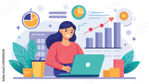 Businesswoman works on laptop in office space with graphs and charts in background during daytime