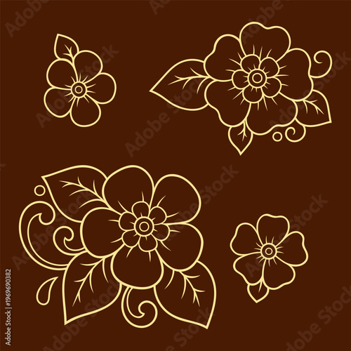 Set of Mehndi flower pattern for Henna drawing and tattoo. Decoration in ethnic oriental, Indian style. Doodle ornament. Outline hand draw vector illustration.