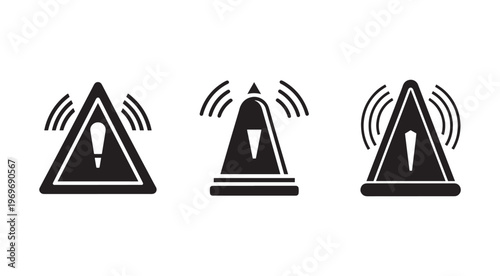 Three black warning signs with exclamation marks and signal waves on white background