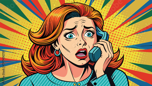Woman shows surprise while talking on a phone in a bright pop art style scene with colorful background elements
