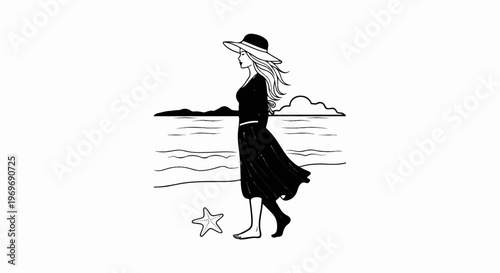 Woman in a flowing dress and hat walking on a beach near the ocean