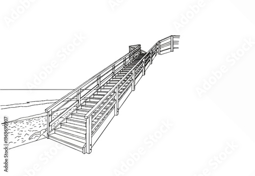 Wooden boardwalk stairs ascend from a sandy beach to the ocean