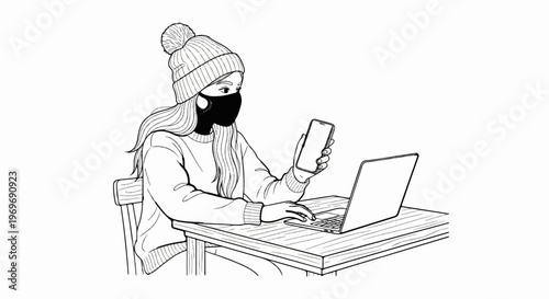 Woman in winter hat and mask works on laptop, holds phone