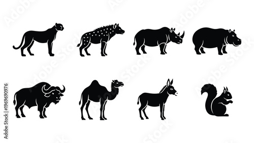 A collection of african wildlife animals depicted in stark black silhouettes showcasing diverse species silhouette high quality professional detailed modern elegant