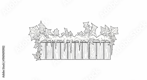 Wooden fence topped with snow-covered leaves and icicles