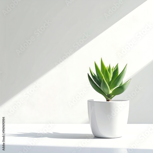 A green succulent in a white pot on a white surface with sunlight