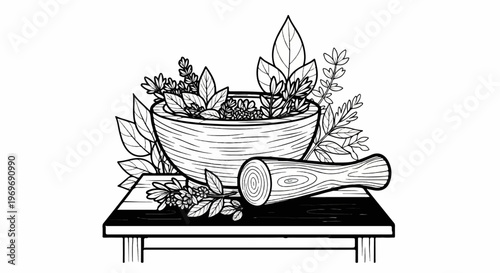 Wooden mortar filled with herbs on a black and white striped surface, with pestle