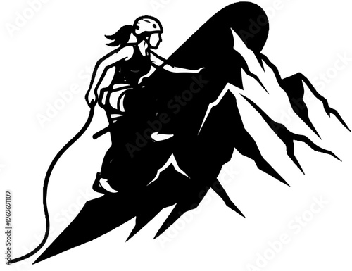 Woman rock climber rappels down a steep, jagged mountain face