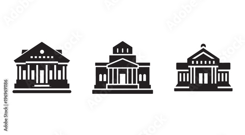 Three classic Greek or Roman style government or museum building silhouettes with columns and triangular pediments on flat bases  iconic architectural symbols