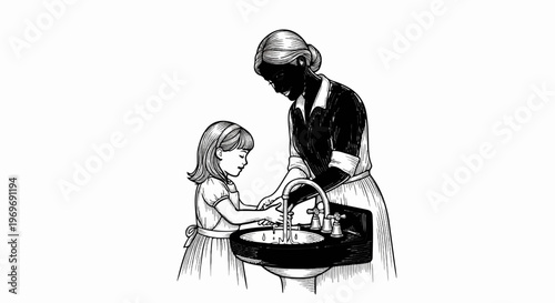 Woman teaching child hygiene by washing hands at sink