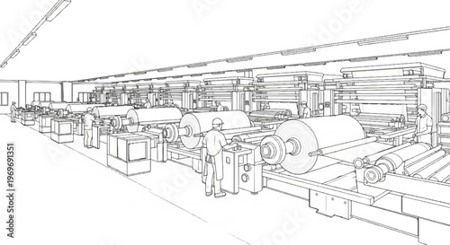 Workers operate large industrial printing or rolling machines in a factory