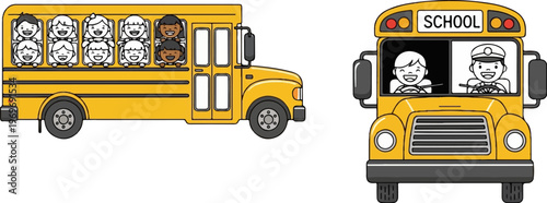 Yellow cartoon school buses with smiling children passengers and drivers