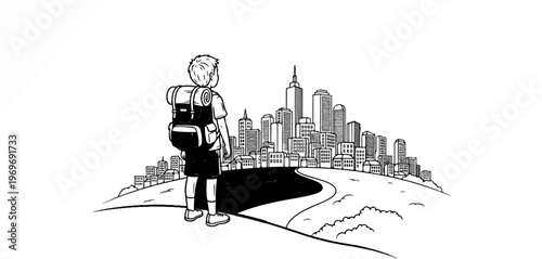 Young backpacker looks at a sprawling city skyline from a grassy hill