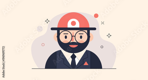 Stylized portrait of a bearded man in a suit, wearing a cap