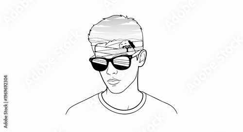 Young man's head superimposed with a reflective landscape scene