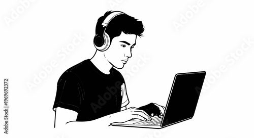 Young person focused on laptop, wearing headphones