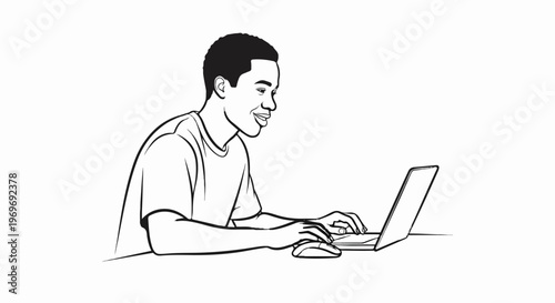 Young person happily typing on a laptop with a computer mouse