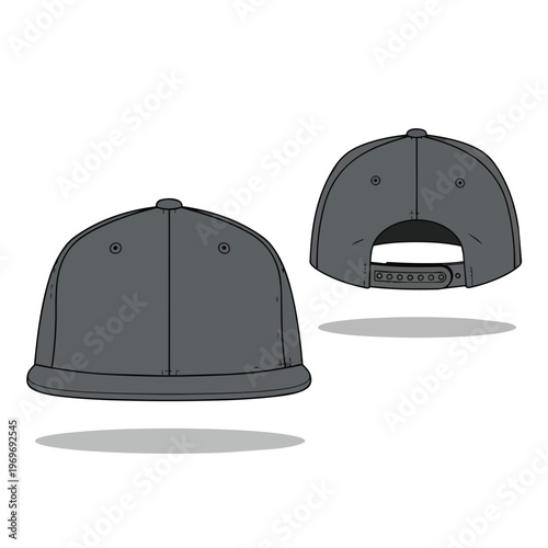 Blank Gray Snapback Cap Vector Illustration Front and Back View