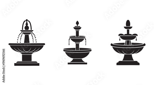 Three different fountain designs with water flowing from multiple tiers  decorative outdoor water features