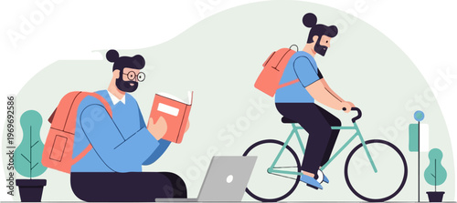 Two men in blue shirts and backpacks, one reading a book, the other cycling