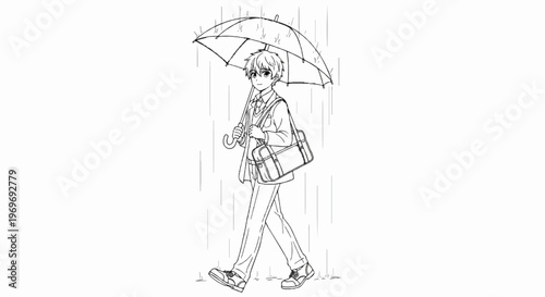 Young person walks with a bag under an umbrella in the rain