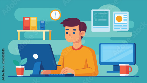 Man working at computer in home office setting during daytime with desk items and wall clock visible in background