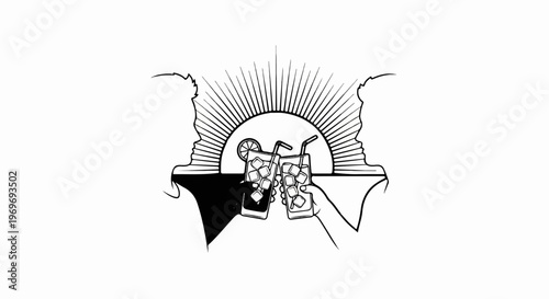 Two people silhouetted, toasting with ice-filled drinks under a sunburst