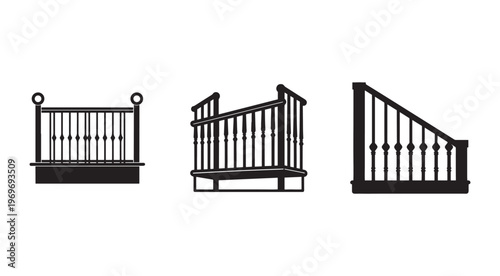 Three different railing designs for stairs and balconies with balusters and handrails made of metal or wood  isolated on white background