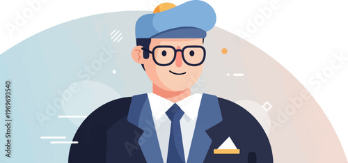 Stylized portrait of a smiling person in a suit and cap, abstract background