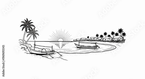 Tropical beach scene with stilted houses, palm trees, boats, and sunrise