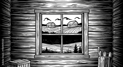 View from a wooden cabin window showing rural landscape with barns