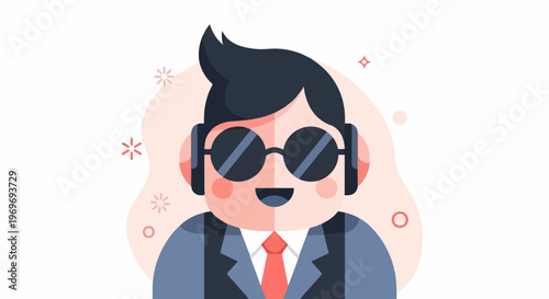 Stylized portrait of a smiling person with sunglasses, headphones, and a suit