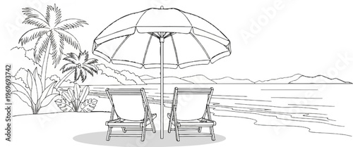 Tropical beach scene with palm trees, chairs, umbrella, and ocean view