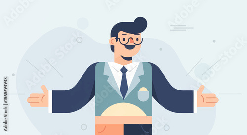 Welcoming cartoon man in glasses and suit with arms outstretched