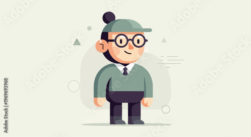 Whimsical cartoon character with glasses, cap, and sweater