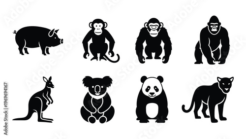 A collection of diverse animal silhouettes including a pig monkey gorilla kangaroo and others silhouette high quality professional detailed modern elegant