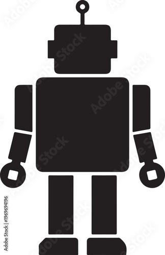 Black silhouette of a simple robot from behind on a white background, graphic illustration.