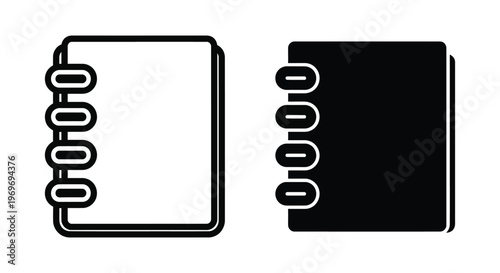 Set of two spiral notebooks, outline and solid black icons, vector illustration of a notepad or diary