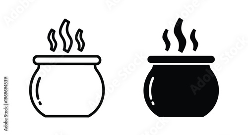 Set of cauldron icons, vector illustration of a witch pot with steam, outline and solid style