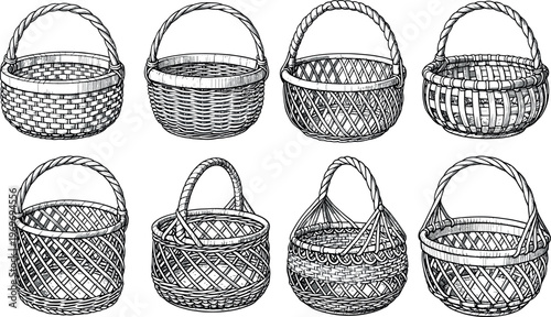 Hand drawn wicker basket set vector illustration featuring woven storage containers different shapes rustic design isolated on white